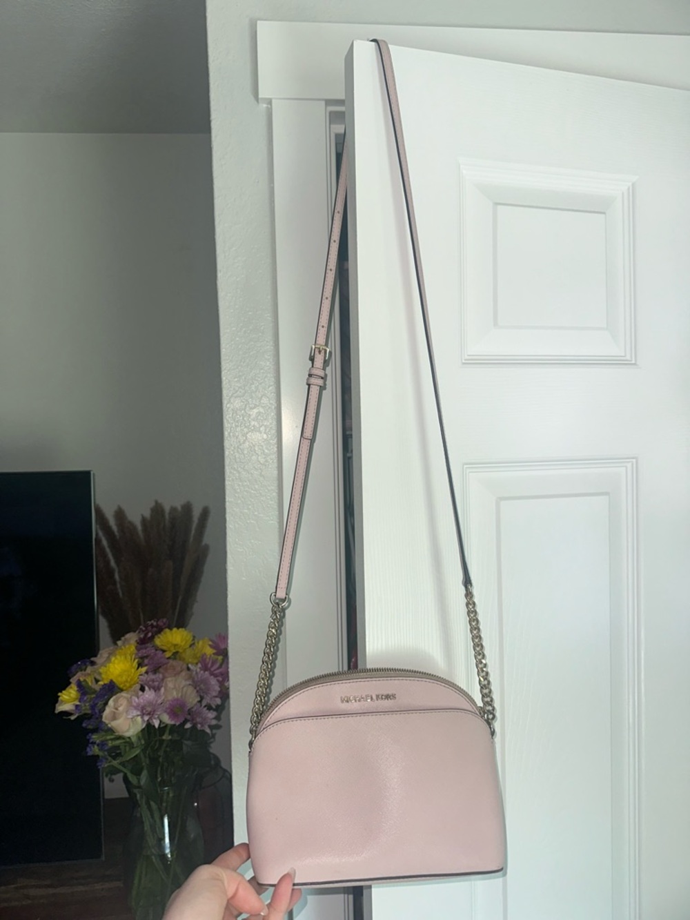 Michael Kors Blush Pink Dome Crossbody with Gold Chain